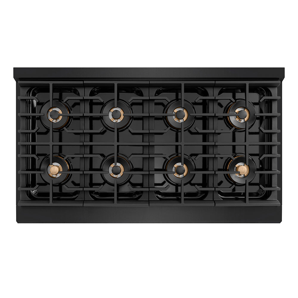 ZLINE Autograph Edition 48 in. 6.7 cu. ft. Paramount Dual Fuel Range with 8 Burner DuoPro™ Cooktop and Dual Ovens in Black Stainless Steel with Champagne Bronze Helix Handles and Accents (PSDRBZ-48-KCB)