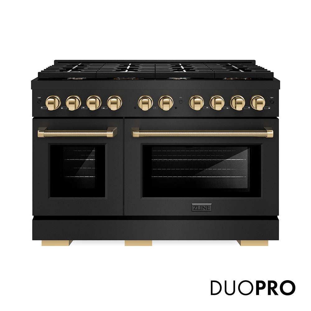 ZLINE Autograph Edition 48 in. 6.7 cu. ft. Paramount Dual Fuel Range with 8 Burner DuoPro™ Cooktop and Dual Ovens in Black Stainless Steel with Polished Gold Helix Handles and Accents (PSDRBZ-48-KG)