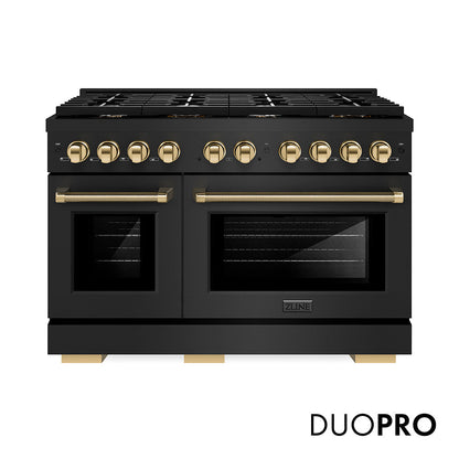 ZLINE Autograph Edition 48 in. 6.7 cu. ft. Paramount Dual Fuel Range with 8 Burner DuoPro™ Cooktop and Dual Ovens in Black Stainless Steel with Polished Gold Helix Handles and Accents (PSDRBZ-48-KG)