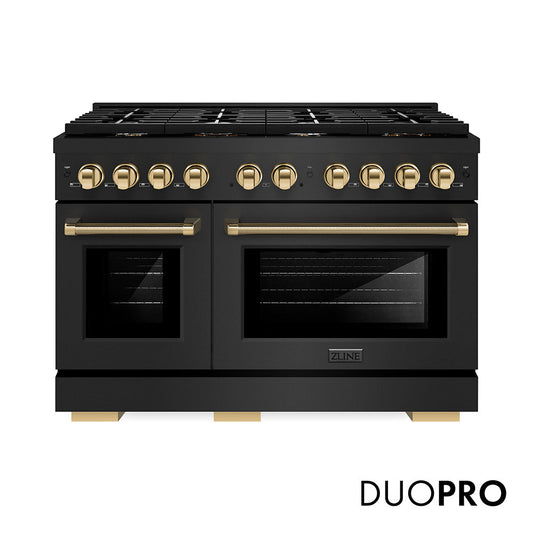 ZLINE Autograph Edition 48 in. 6.7 cu. ft. Paramount Dual Fuel Range with 8 Burner DuoPro™ Cooktop and Dual Ovens in Black Stainless Steel with Polished Gold Helix Handles and Accents (PSDRBZ-48-KG)