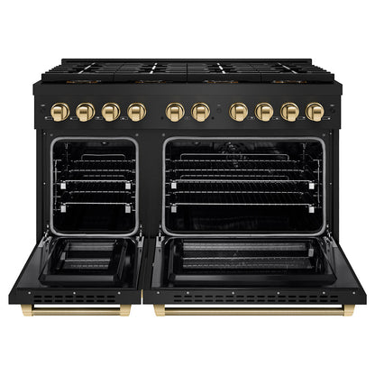 ZLINE Autograph Edition 48 in. 6.7 cu. ft. Paramount Dual Fuel Range with 8 Burner DuoPro™ Cooktop and Dual Ovens in Black Stainless Steel with Polished Gold Helix Handles and Accents (PSDRBZ-48-KG)