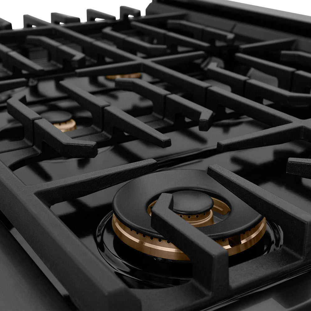 ZLINE Autograph Edition 36 in. 5.2 cu. ft. Paramount Gas Range with 6 Burner Cooktop and Convection Gas Oven in Black Stainless Steel with Champagne Bronze Helix Handle and Knob Accents (SGRBZ-36-KCB)