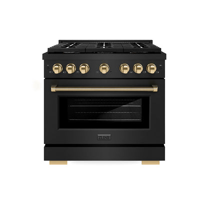 ZLINE Autograph Edition 36 in. 5.2 cu. ft. Paramount Gas Range with 6 Burner Cooktop and Convection Gas Oven in Black Stainless Steel with Polished Gold Helix Handle and Knob Accents (SGRBZ-36-KG)