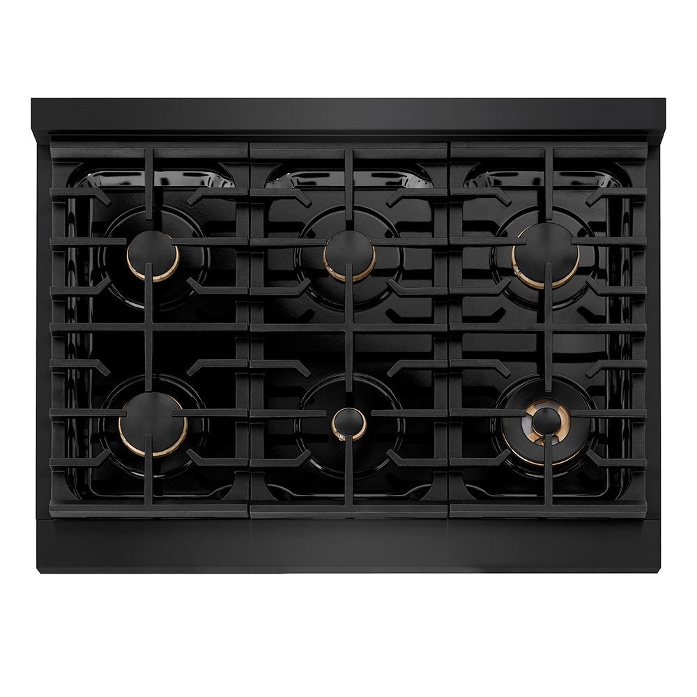 ZLINE Autograph Edition 36 in. 5.2 cu. ft. Paramount Gas Range with 6 Burner Cooktop and Convection Gas Oven in Black Stainless Steel with Polished Gold Helix Handle and Knob Accents (SGRBZ-36-KG)