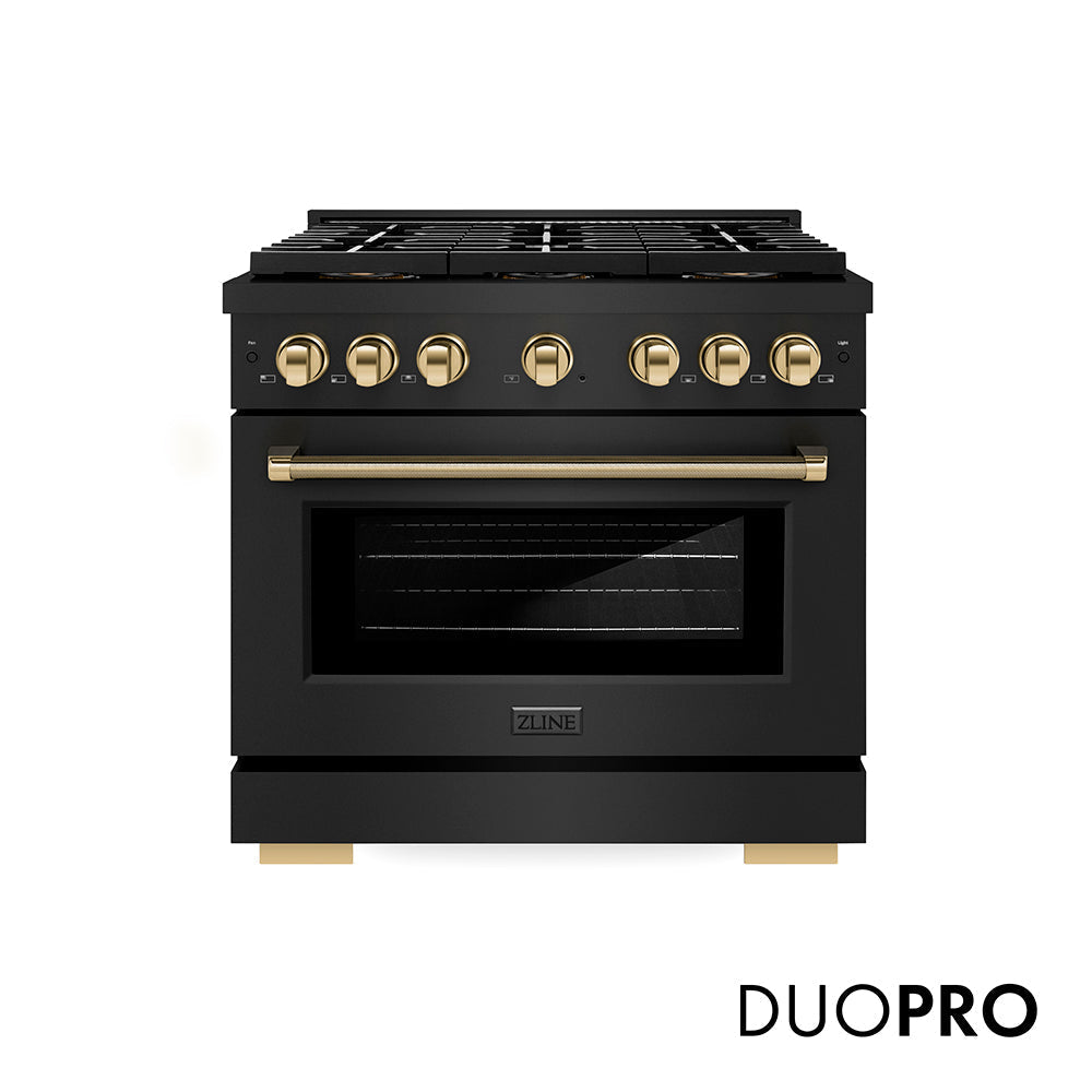 ZLINE Autograph Edition 36 in. 5.2 cu. ft. Paramount Gas Range with 6 Burner DuoPro™ Cooktop and Convection Gas Oven in Black Stainless Steel with Polished Gold Helix Handle and Accents (PSGRBZ-36-KG)