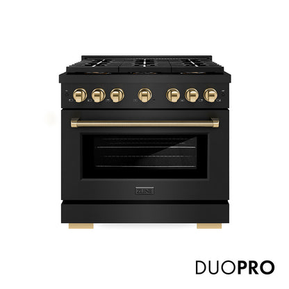ZLINE Autograph Edition 36 in. 5.2 cu. ft. Paramount Gas Range with 6 Burner DuoPro™ Cooktop and Convection Gas Oven in Black Stainless Steel with Polished Gold Helix Handle and Accents (PSGRBZ-36-KG)