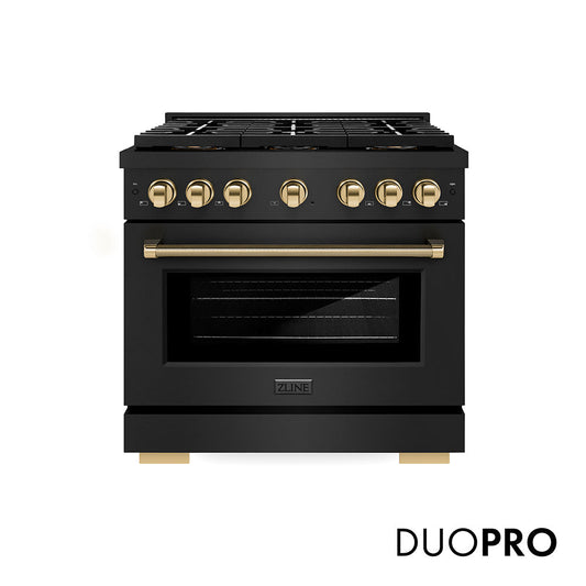 ZLINE Autograph Edition 36 in. 5.2 cu. ft. Paramount Gas Range with 6 Burner DuoPro™ Cooktop and Convection Gas Oven in Black Stainless Steel with Polished Gold Helix Handle and Accents (PSGRBZ-36-KG)