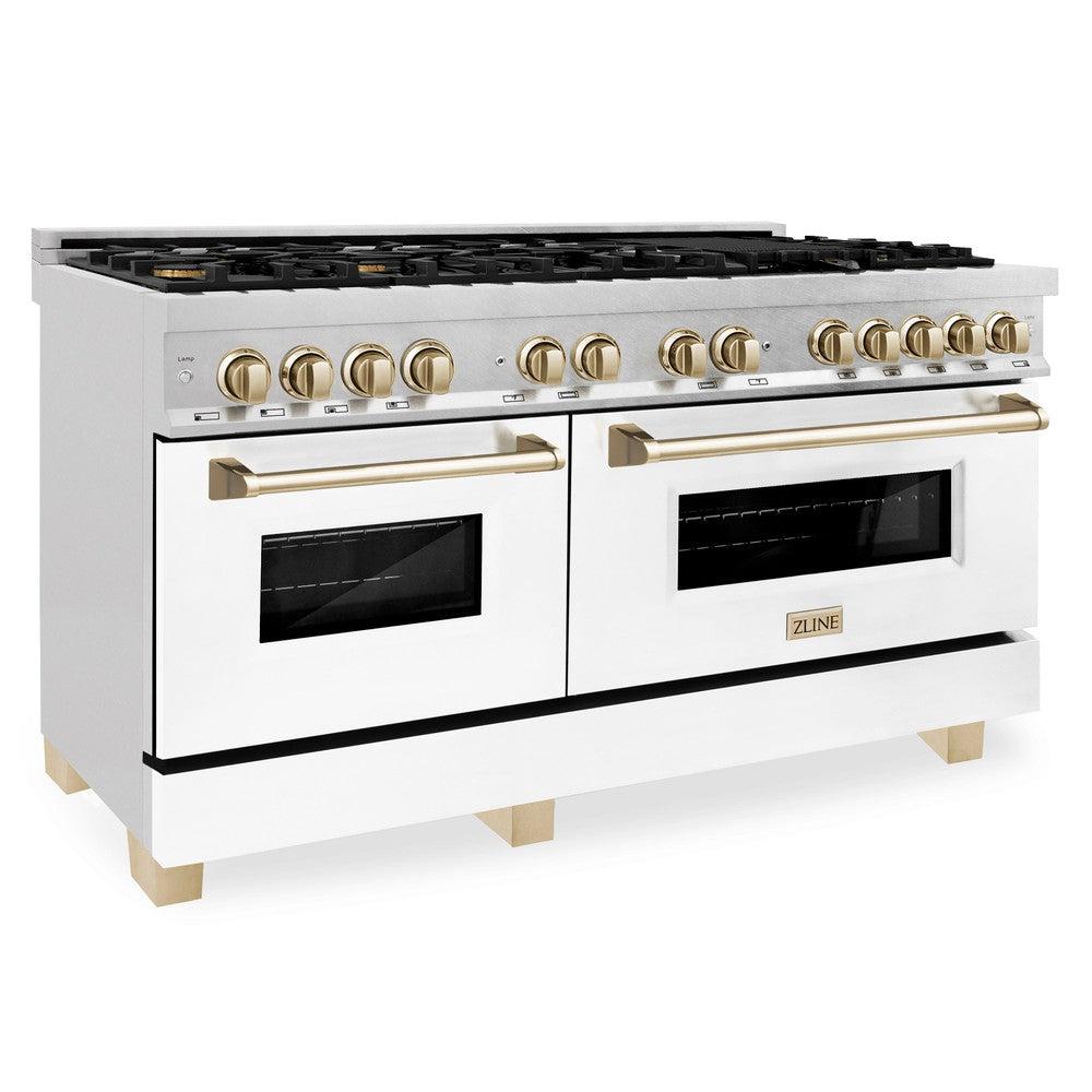 ZLINE Autograph Edition 60 in. 7.4 cu. ft. Legacy Dual Fuel Range with 9 Burner Gas Cooktop and 2 Electric Convection Ovens in Stainless Steel with White Matte Doors and Polished Gold Accents (RAZ-WM-60-G)