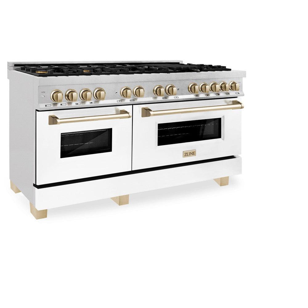 ZLINE Autograph Edition 60 in. 7.4 cu. ft. Legacy Dual Fuel Range with 9 Burner Gas Cooktop and 2 Electric Convection Ovens in Stainless Steel with White Matte Doors and Polished Gold Accents (RAZ-WM-60-G)