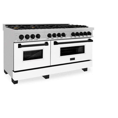 ZLINE Autograph Edition 60 in. 7.4 cu. ft. Legacy Dual Fuel Range with 9 Burner Gas Cooktop and 2 Electric Convection Ovens in Stainless Steel with White Matte Doors and Matte Black Accents (RAZ-WM-60-MB)