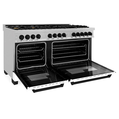 ZLINE Autograph Edition 60 in. 7.4 cu. ft. Legacy Dual Fuel Range with 9 Burner Gas Cooktop and 2 Electric Convection Ovens in Stainless Steel with White Matte Doors and Matte Black Accents (RAZ-WM-60-MB)