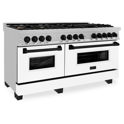 ZLINE Autograph Edition 60 in. 7.4 cu. ft. Legacy Dual Fuel Range with 9 Burner Gas Cooktop and 2 Electric Convection Ovens in Stainless Steel with White Matte Doors and Matte Black Accents (RAZ-WM-60-MB)
