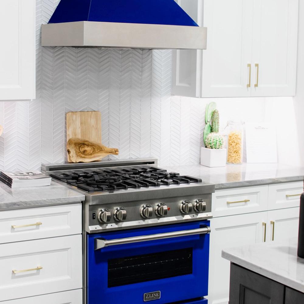 ZLINE 30 in. Kitchen Package with Satin Stainless Steel Dual Fuel Range with Blue Gloss Door and Convertible Vent Range Hood (2KP-RASBGRH30)