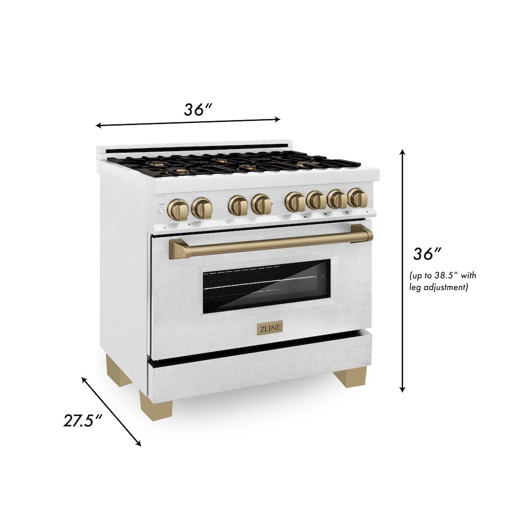 ZLINE Autograph Edition 36 in. 4.6 cu. ft. Legacy Dual Fuel Range with 6 Burner Gas Cooktop and Electric Convection Oven in Satin Stainless Steel and Champagne Bronze Accents (RASZ-SN-36-CB)