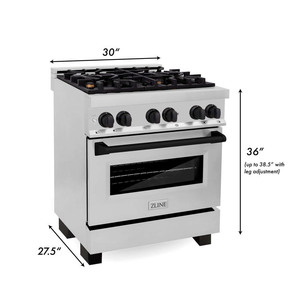 ZLINE Autograph Edition Kitchen Package with Stainless Steel 30 in. Dual Fuel Range, 30 in. Range Hood, and 24 in. Dishwasher with Matte Black Accents (3AKP-RARHDWM30-MB)