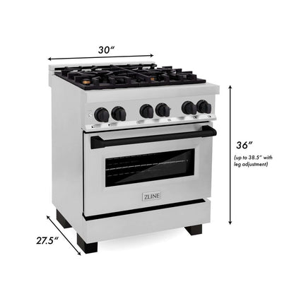 ZLINE Autograph Edition Kitchen Package with Stainless Steel 30 in. Dual Fuel Range, 30 in. Range Hood, and 24 in. Dishwasher with Matte Black Accents (3AKP-RARHDWM30-MB)