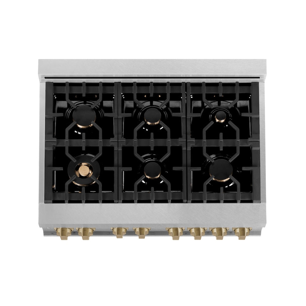 ZLINE Autograph Edition 36 in. 4.6 cu. ft. Legacy Dual Fuel Range with 6 Burner Gas Cooktop and Electric Convection Oven in Satin Stainless Steel and Champagne Bronze Accents (RASZ-SN-36-CB)