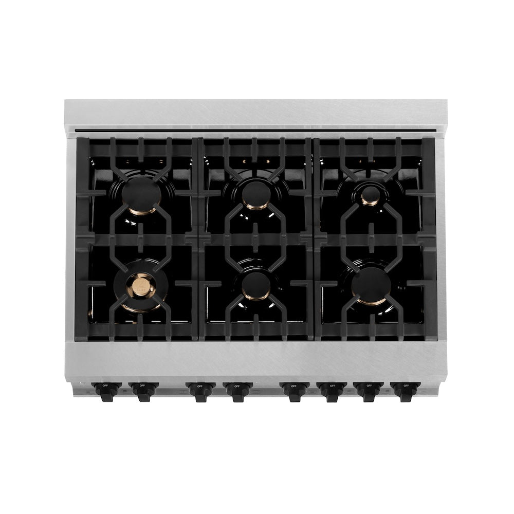 ZLINE Autograph Edition 36 in. 4.6 cu. ft. Legacy Dual Fuel Range with 6 Burner Gas Cooktop and Electric Convection Oven in Satin Stainless Steel with White Matte Door and Matte Black Accents (RASZ-WM-36-MB)
