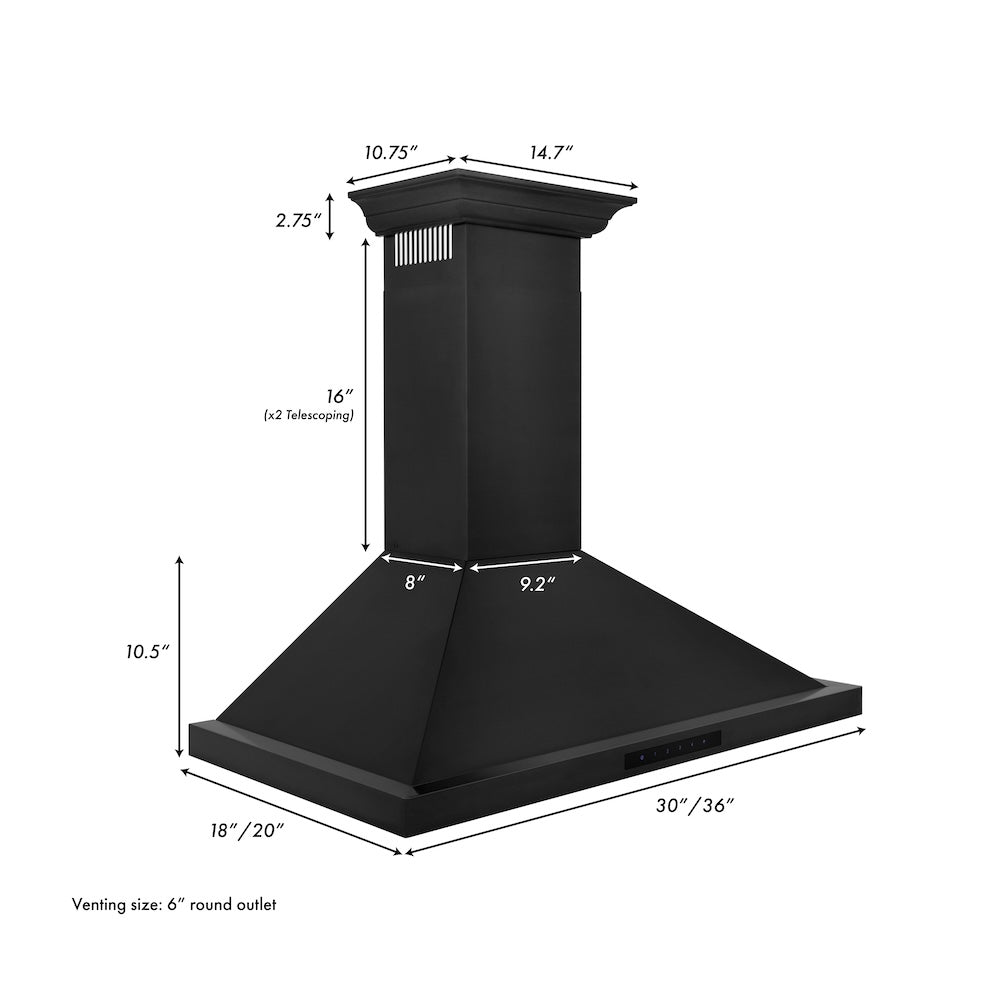 ZLINE 30 in. Convertible Vent Wall Mount Range Hood in Black Stainless Steel with Crown Molding (BSKBNCRN-30)