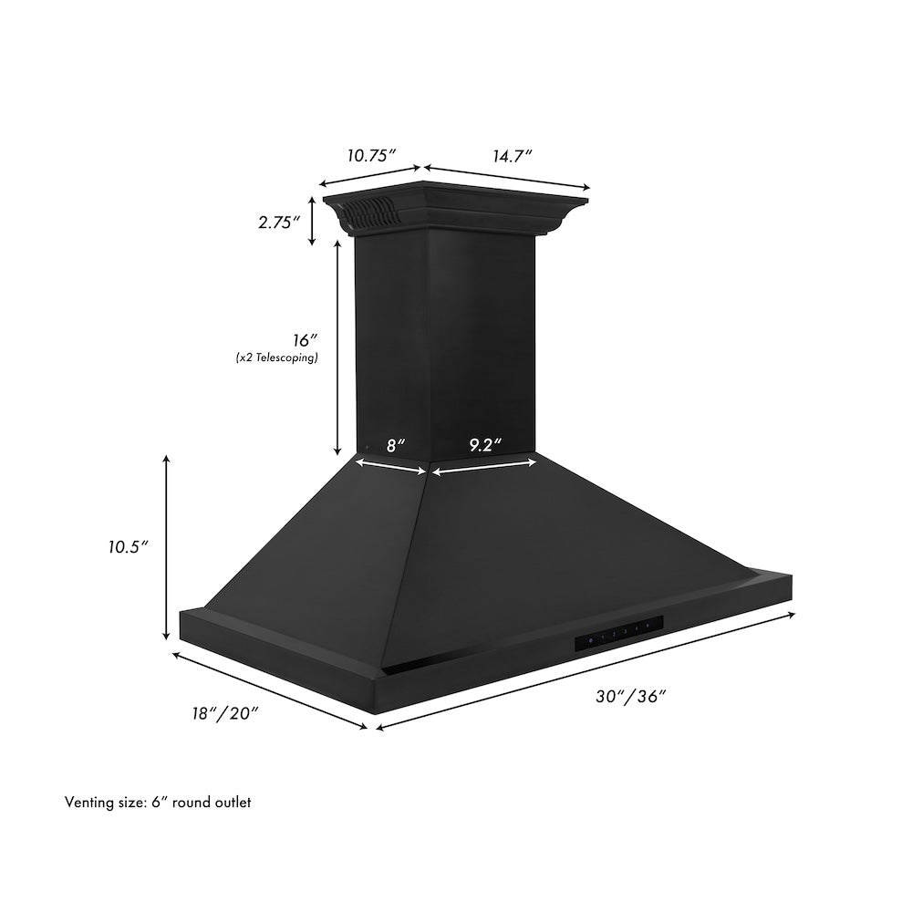 ZLINE 36 in. CrownSound™ Ducted Vent Wall Mount Range Hood in Black Stainless Steel with Built-in Bluetooth Speakers (BSKBNCRN-BT-36)