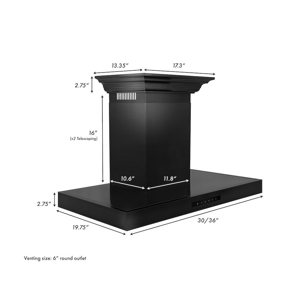 ZLINE 36 in. Convertible Vent Wall Mount Range Hood in Black Stainless Steel with Crown Molding (BSKENCRN-36)