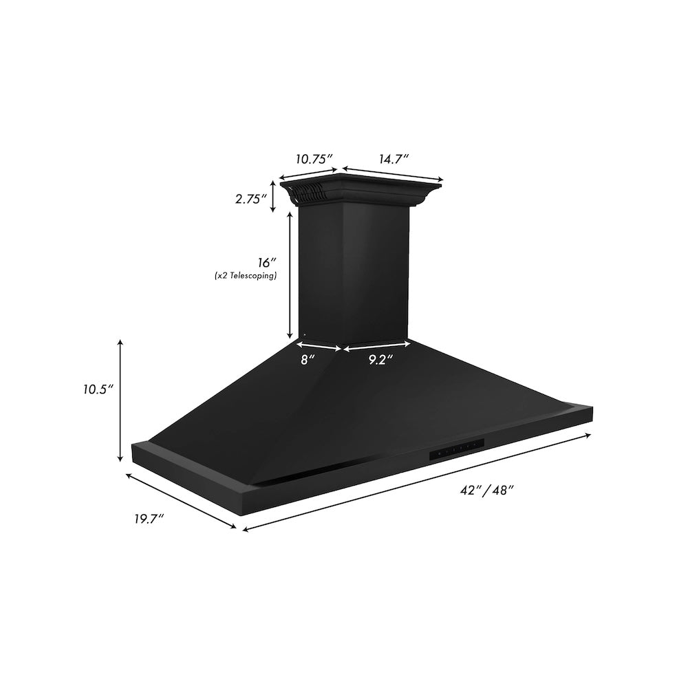 ZLINE 48 in. CrownSound™ Ducted Vent Wall Mount Range Hood in Black Stainless Steel with Built-in Bluetooth Speakers (BSKBNCRN-BT-48)