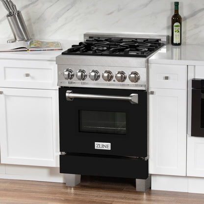 ZLINE 24 in. 2.8 cu. ft. Legacy Dual Fuel Range with 4 Burner Gas Cooktop and Electric Convection Oven in Satin Stainless Steel and Black Matte Door (RAS-BLM-24)