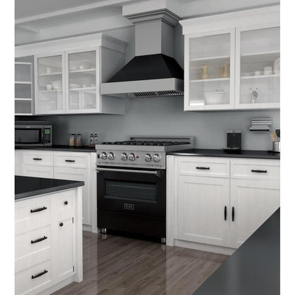 ZLINE 30 in. 4.0 cu. ft. Legacy Dual Fuel Range with 4 Burner Gas Cooktop and Electric Convection Oven in Satin Stainless Steel and Black Matte Door (RAS-BLM-30)