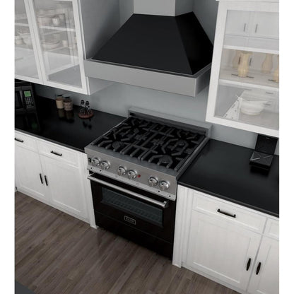 ZLINE 30 in. 4.0 cu. ft. Legacy Dual Fuel Range with 4 Burner Gas Cooktop and Electric Convection Oven in Satin Stainless Steel and Black Matte Door (RAS-BLM-30)