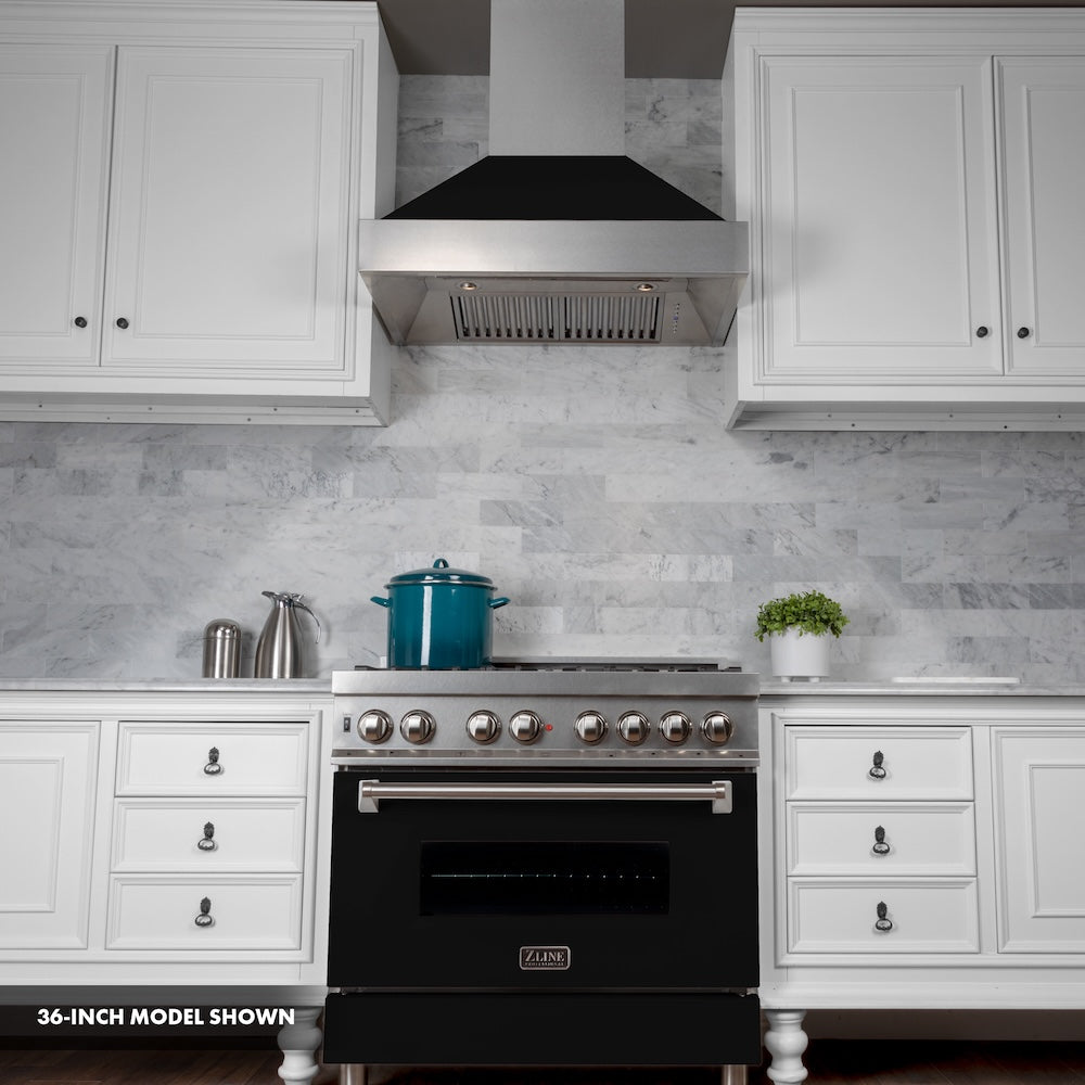 ZLINE 30 in. 4.0 cu. ft. Legacy Dual Fuel Range with 4 Burner Gas Cooktop and Electric Convection Oven in Satin Stainless Steel and Black Matte Door (RAS-BLM-30)