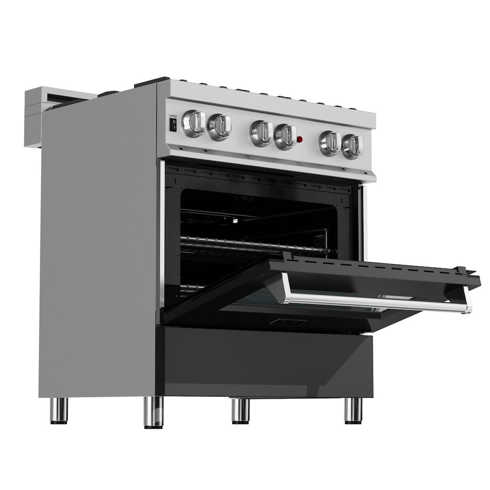 ZLINE 30 in. 4.0 cu. ft. Legacy Dual Fuel Range with 4 Burner Gas Cooktop and Electric Convection Oven in Satin Stainless Steel and Black Matte Door (RAS-BLM-30)