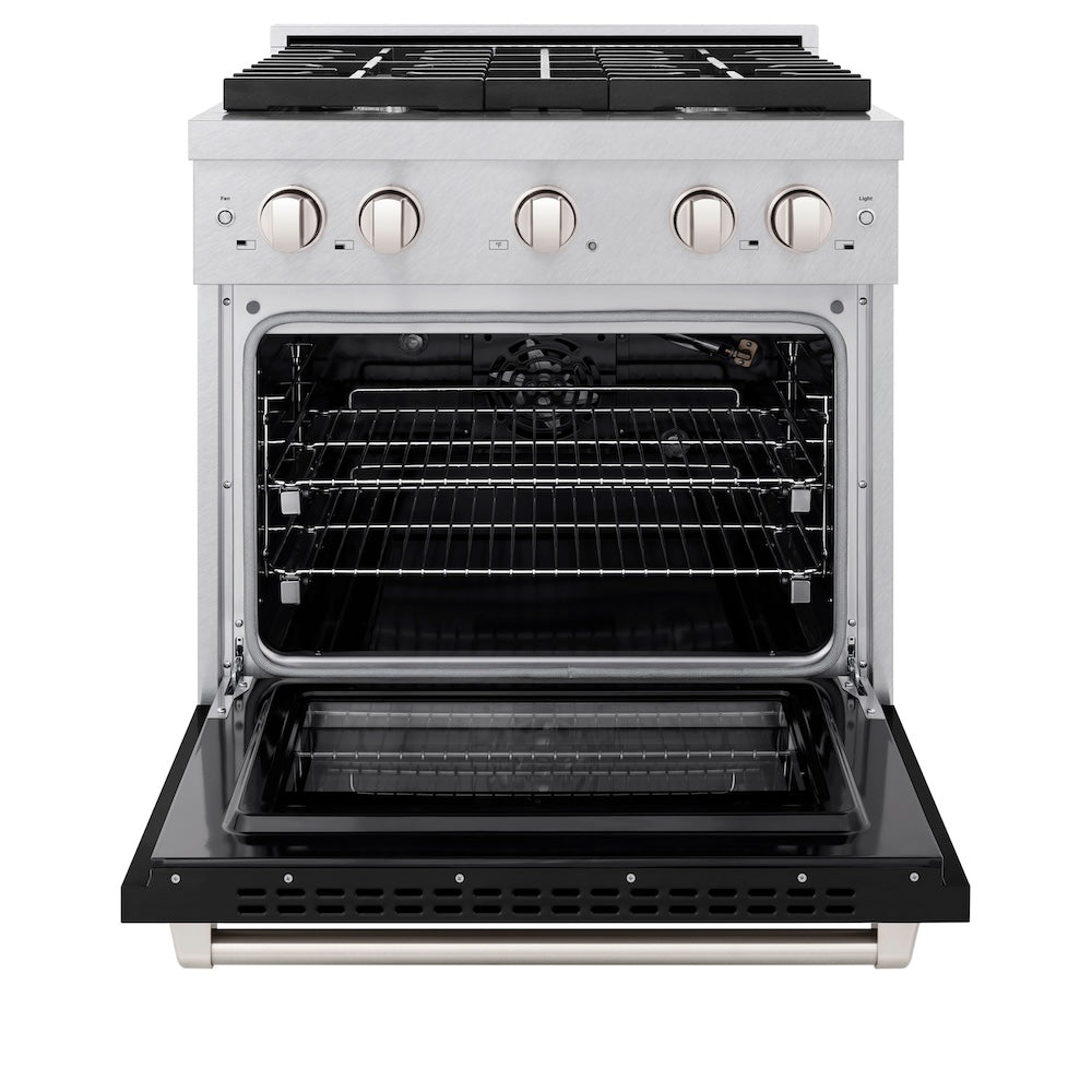ZLINE 30 in. 4.2 cu. ft. Paramount Gas Range with 4 Burner Cooktop and Convection Gas Oven in Satin Stainless Steel with Black Matte Door (SGRS-BLM-30)