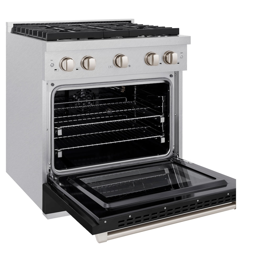 ZLINE 30 in. 4.2 cu. ft. Paramount Gas Range with 4 Burner Cooktop and Convection Gas Oven in Satin Stainless Steel with Black Matte Door (SGRS-BLM-30)