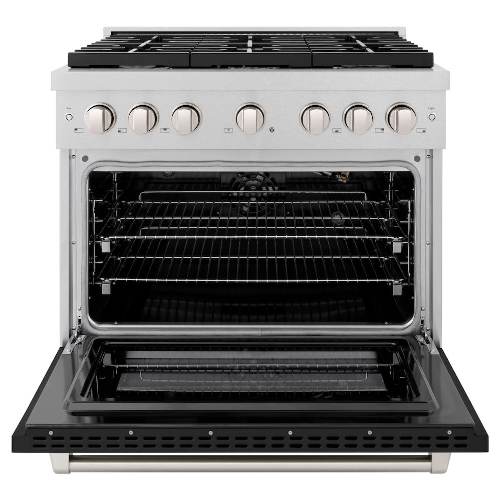 ZLINE 36 in. 5.2 cu. ft. Paramount Gas Range with 6 Burner Cooktop and Convection Gas Oven in Satin Stainless Steel with Black Matte Door (SGRS-BLM-36)