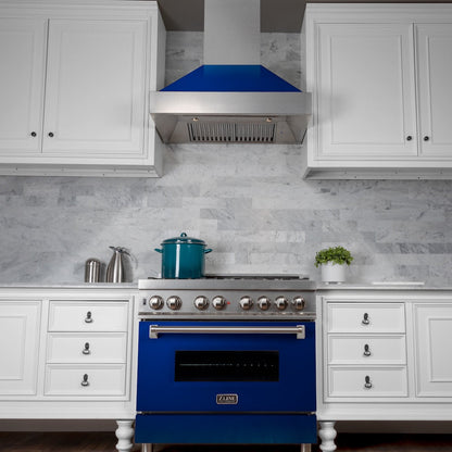 ZLINE 30 in. 4.0 cu. ft. Legacy Dual Fuel Range with 4 Burner Gas Cooktop and Electric Convection Oven in Satin Stainless Steel and Blue Gloss Door (RAS-BG-30)