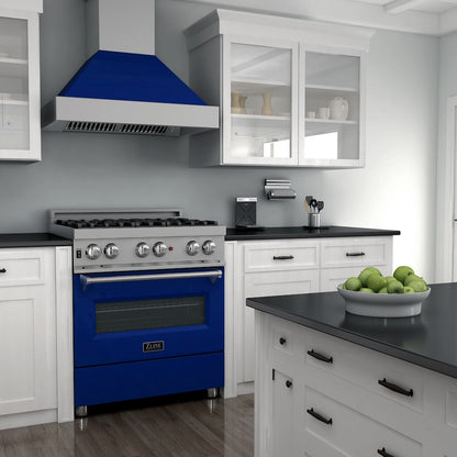 ZLINE 30 in. 4.0 cu. ft. Legacy Dual Fuel Range with 4 Burner Gas Cooktop and Electric Convection Oven in Satin Stainless Steel and Blue Gloss Door (RAS-BG-30)