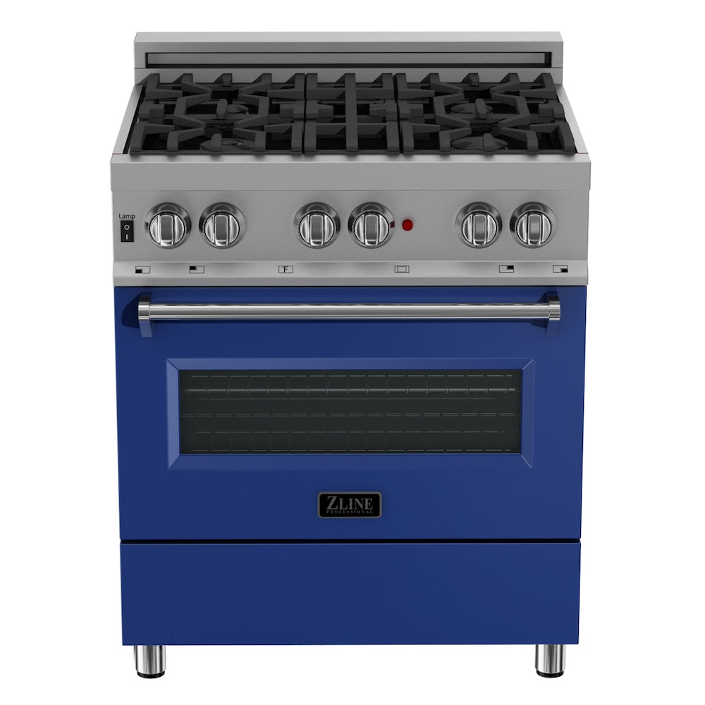ZLINE 30 in. 4.0 cu. ft. Legacy Dual Fuel Range with 4 Burner Gas Cooktop and Electric Convection Oven in Satin Stainless Steel and Blue Matte Door (RAS-BM-30)