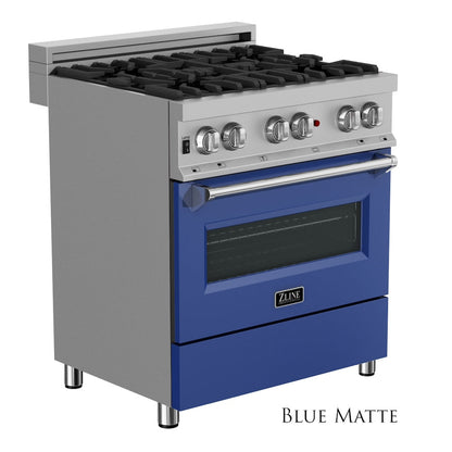ZLINE 30 in. 4.0 cu. ft. Legacy Dual Fuel Range with 4 Burner Gas Cooktop and Electric Convection Oven in Satin Stainless Steel and Blue Matte Door (RAS-BM-30)