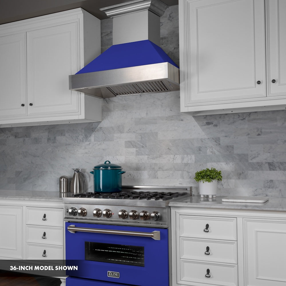 ZLINE 30 in. 4.0 cu. ft. Legacy Dual Fuel Range with 4 Burner Gas Cooktop and Electric Convection Oven in Satin Stainless Steel and Blue Matte Door (RAS-BM-30)