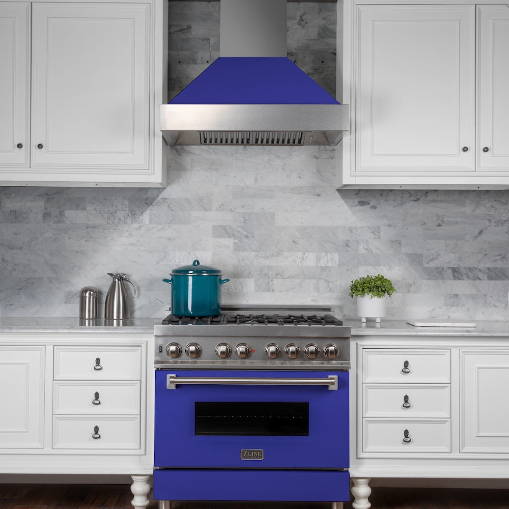 ZLINE 30 in. 4.0 cu. ft. Legacy Dual Fuel Range with 4 Burner Gas Cooktop and Electric Convection Oven in Satin Stainless Steel and Blue Matte Door (RAS-BM-30)