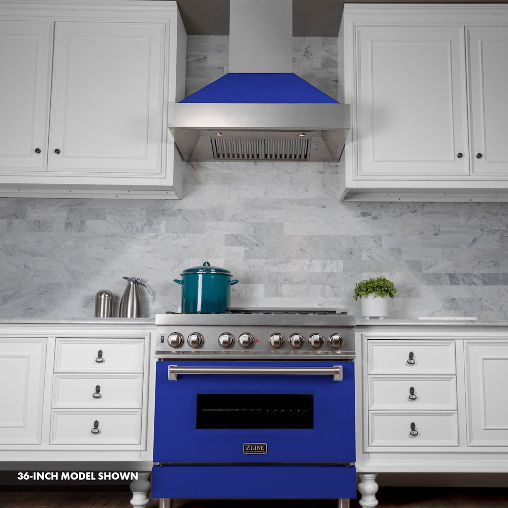 ZLINE 30 in. 4.0 cu. ft. Legacy Dual Fuel Range with 4 Burner Gas Cooktop and Electric Convection Oven in Satin Stainless Steel and Blue Matte Door (RAS-BM-30)