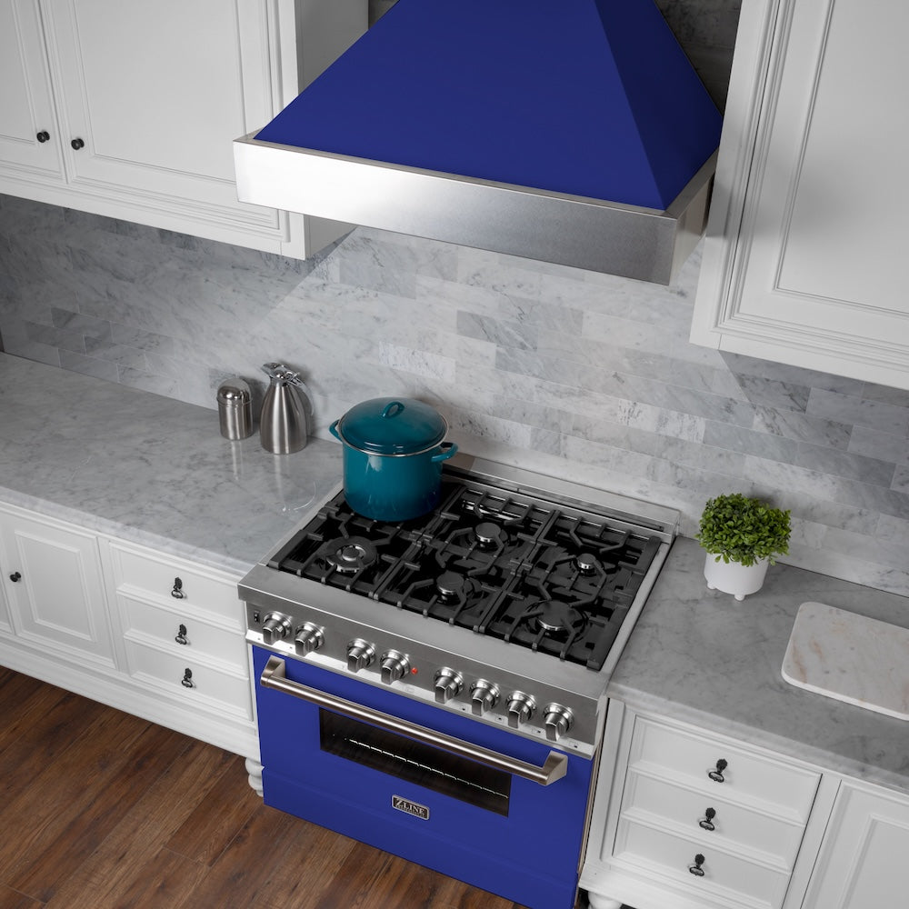 ZLINE 30 in. 4.0 cu. ft. Legacy Dual Fuel Range with 4 Burner Gas Cooktop and Electric Convection Oven in Satin Stainless Steel and Blue Matte Door (RAS-BM-30)