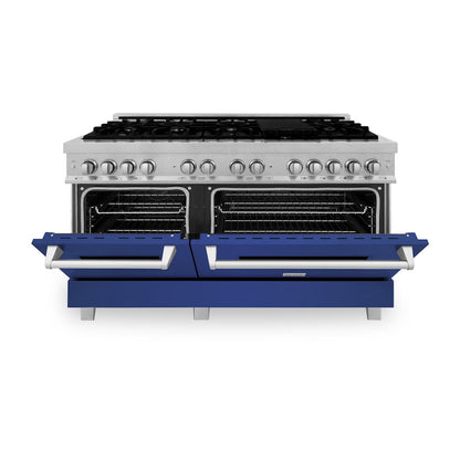 ZLINE 60 in. 7.4 cu. ft. Legacy Dual Fuel Range with 9 Burner Gas Cooktop and 2 Electric Convection Ovens in Satin Stainless Steel and Blue Matte Doors (RAS-BM-60)
