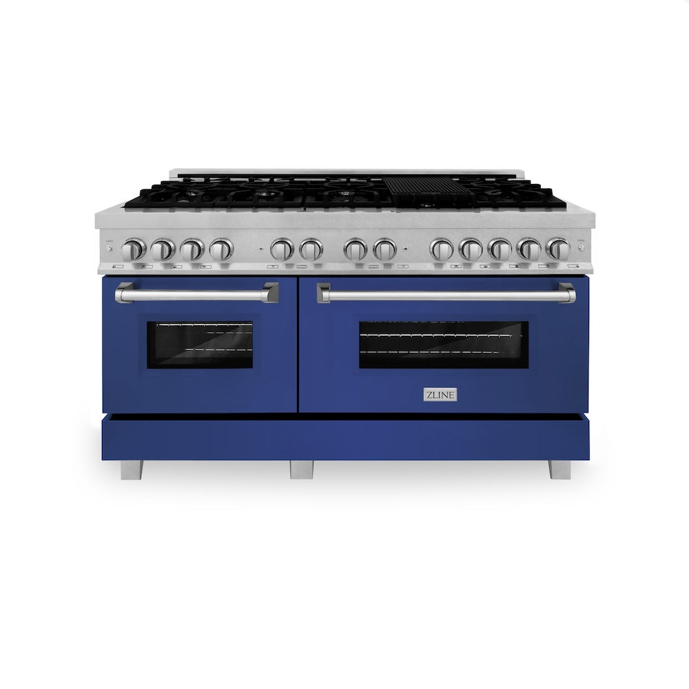 ZLINE 60 in. 7.4 cu. ft. Legacy Dual Fuel Range with 9 Burner Gas Cooktop and 2 Electric Convection Ovens in Satin Stainless Steel and Blue Matte Doors (RAS-BM-60)