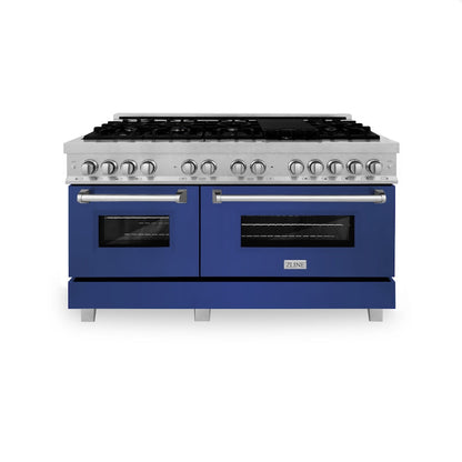 ZLINE 60 in. 7.4 cu. ft. Legacy Dual Fuel Range with 9 Burner Gas Cooktop and 2 Electric Convection Ovens in Satin Stainless Steel and Blue Matte Doors (RAS-BM-60)