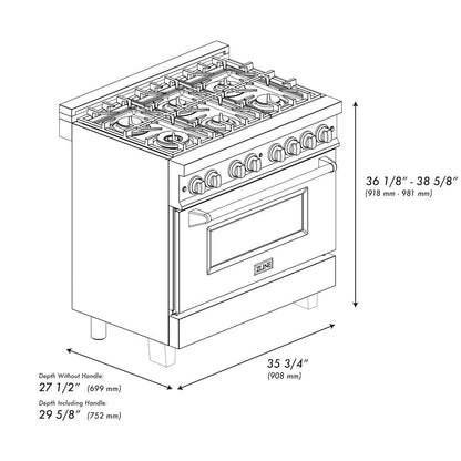 ZLINE 36 in. 4.6 cu. ft. Legacy Dual Fuel Range with 6 Burner Gas Cooktop and Electric Convection Oven in Satin Stainless Steel and Blue Matte Door (RAS-BM-36)