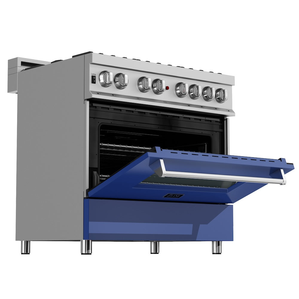 ZLINE 36 in. 4.6 cu. ft. Legacy Dual Fuel Range with 6 Burner Gas Cooktop and Electric Convection Oven in Satin Stainless Steel and Blue Matte Door (RAS-BM-36)