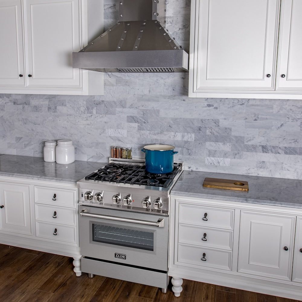 ZLINE 30 in. 4.0 cu. ft. Legacy Dual Fuel Range with 4 Burner Gas Cooktop and Electric Convection Oven in Stainless Steel with Satin Stainless Steel Door (RA-SN-30)