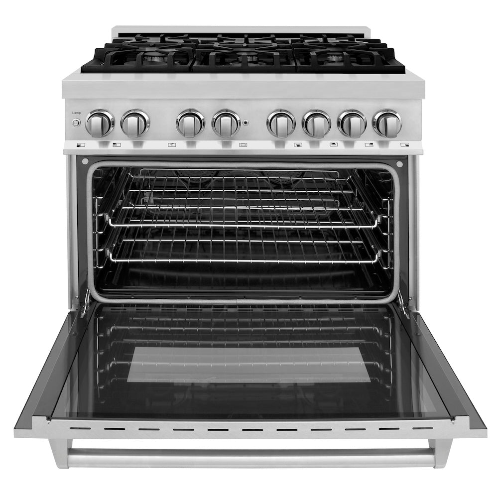 ZLINE 36 in. 4.6 cu. ft. Legacy Dual Fuel Range with 6 Burner Gas Cooktop and Electric Convection Oven in Stainless Steel with Satin Stainless Steel Door (RA-SN-36)