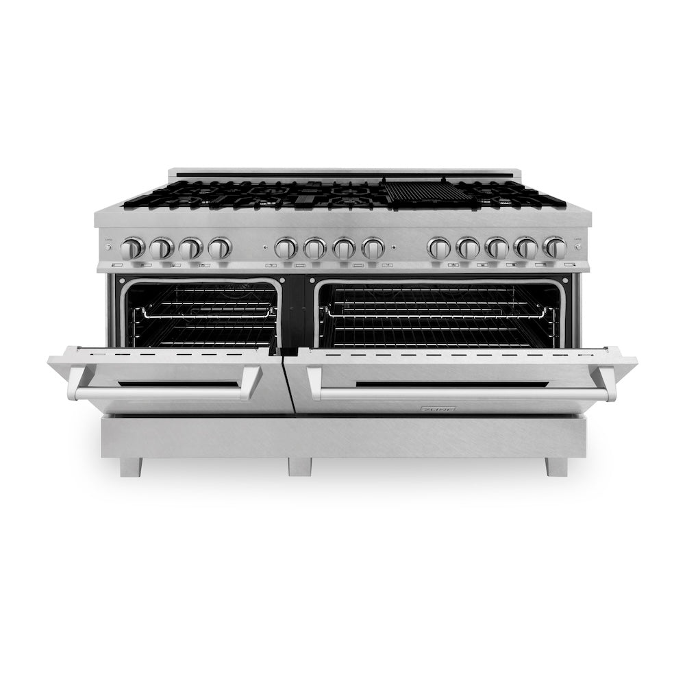 ZLINE 60 in. 7.4 cu. ft. Legacy Dual Fuel Range with 9 Burner Gas Cooktop and 2 Electric Convection Ovens in Satin Stainless Steel (RAS-SN-60)